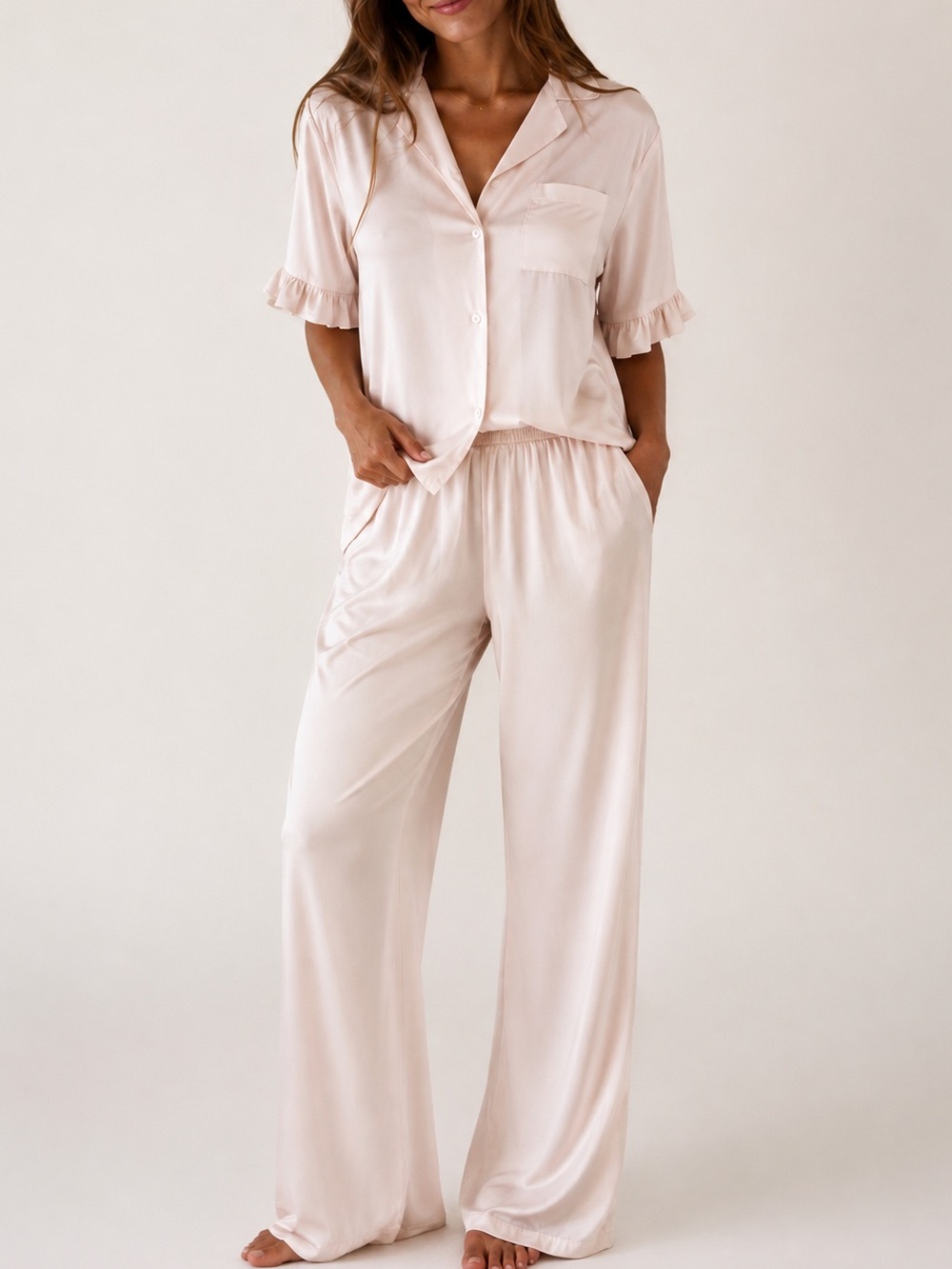 Nasty Gal Pale Blush Satin Pajama Set Short Sleeve Ruffle Top Wide Leg Pants | S
